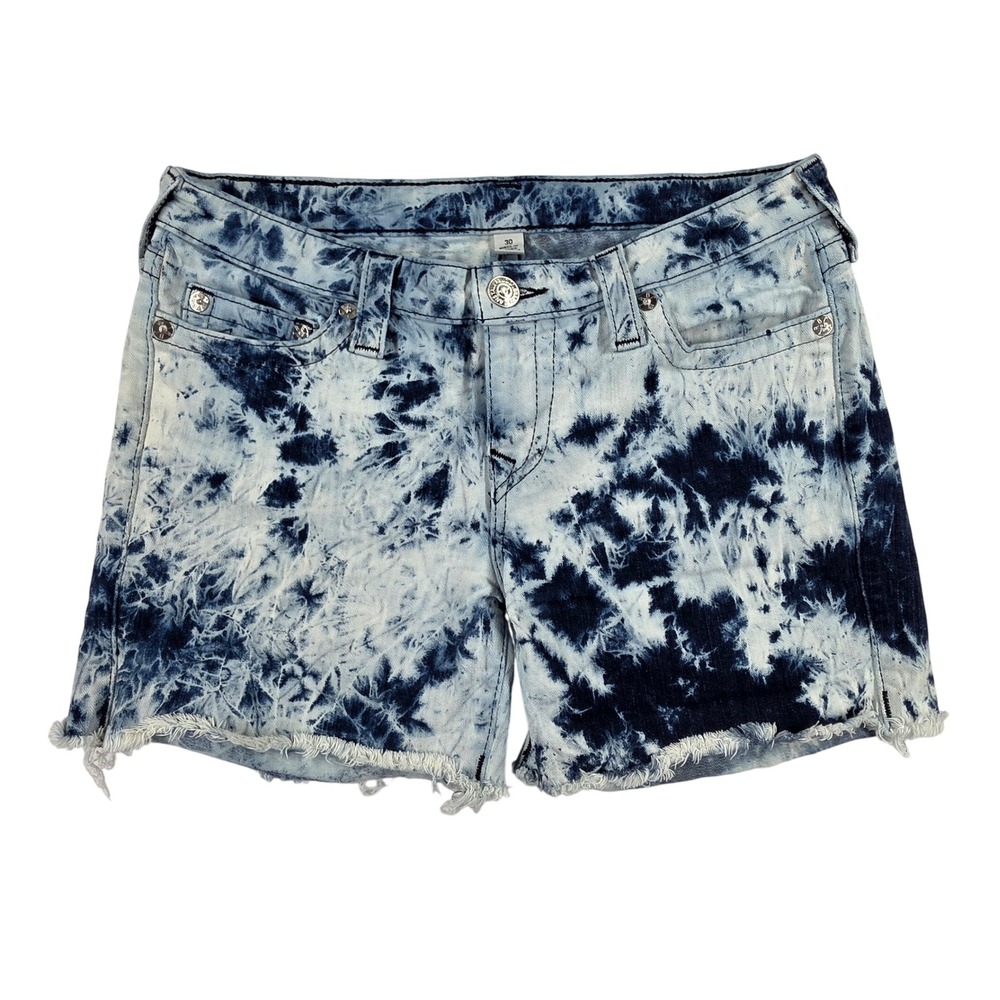 True Religion Mid Cutoff Tie Dye Denim Shorts Blue White Midnight SN 30WOYD083EM